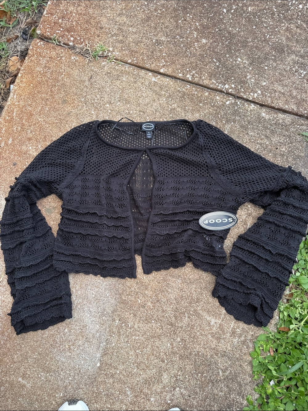 SCOOP Black Crochet Ruffle Open-Front Women’s Sweater Size Medium. NWT